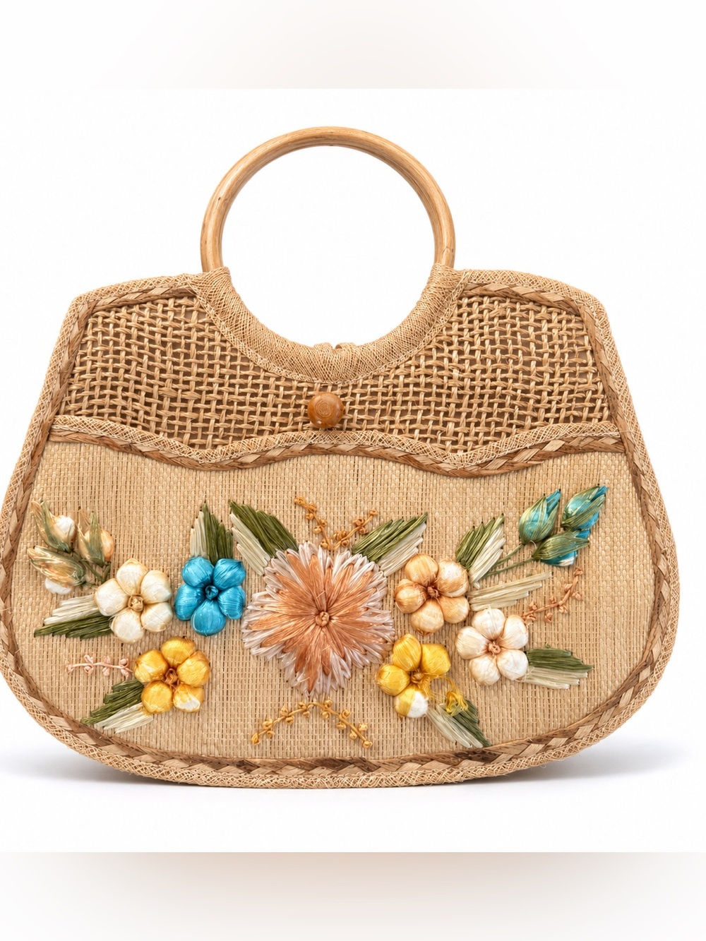 Floral Embroidered Woven Straw Handbag Wooden Handles Boho Cottagecore